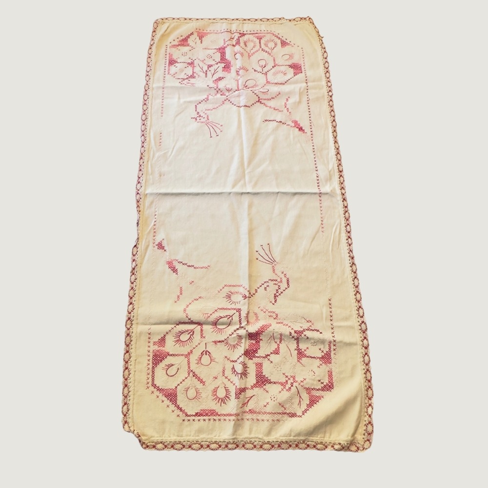 Vintage Handmade Peacock Table Runner Cross Stitch Embroidery Cottagecore Farm